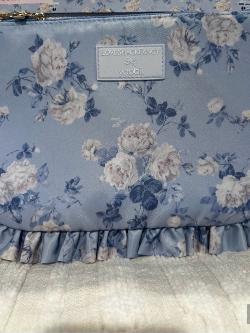 LoveShackFancy Light Blue Floral Ruffled Pouch/Pencil Case